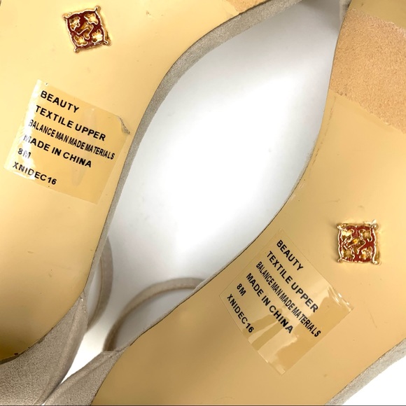 Nanette Lepore Ankle Strap Sandal ‘Beauty’ Heel Crochet Detail Faux Suede Tan 8 - Picture 13 of 14